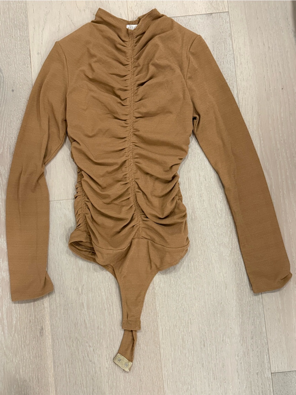 Astr Ruched Long Sleeve bodysuit in Camel